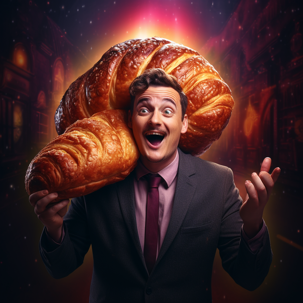 Man holding giant pain au chocolat