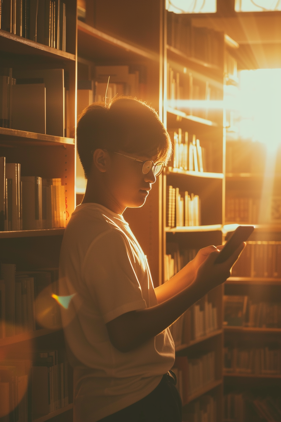 Man holding phone in library