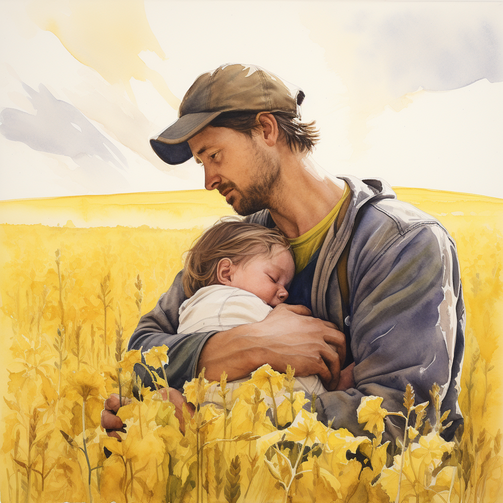 Man Holding Sleeping Baby, Yellow Field Painting