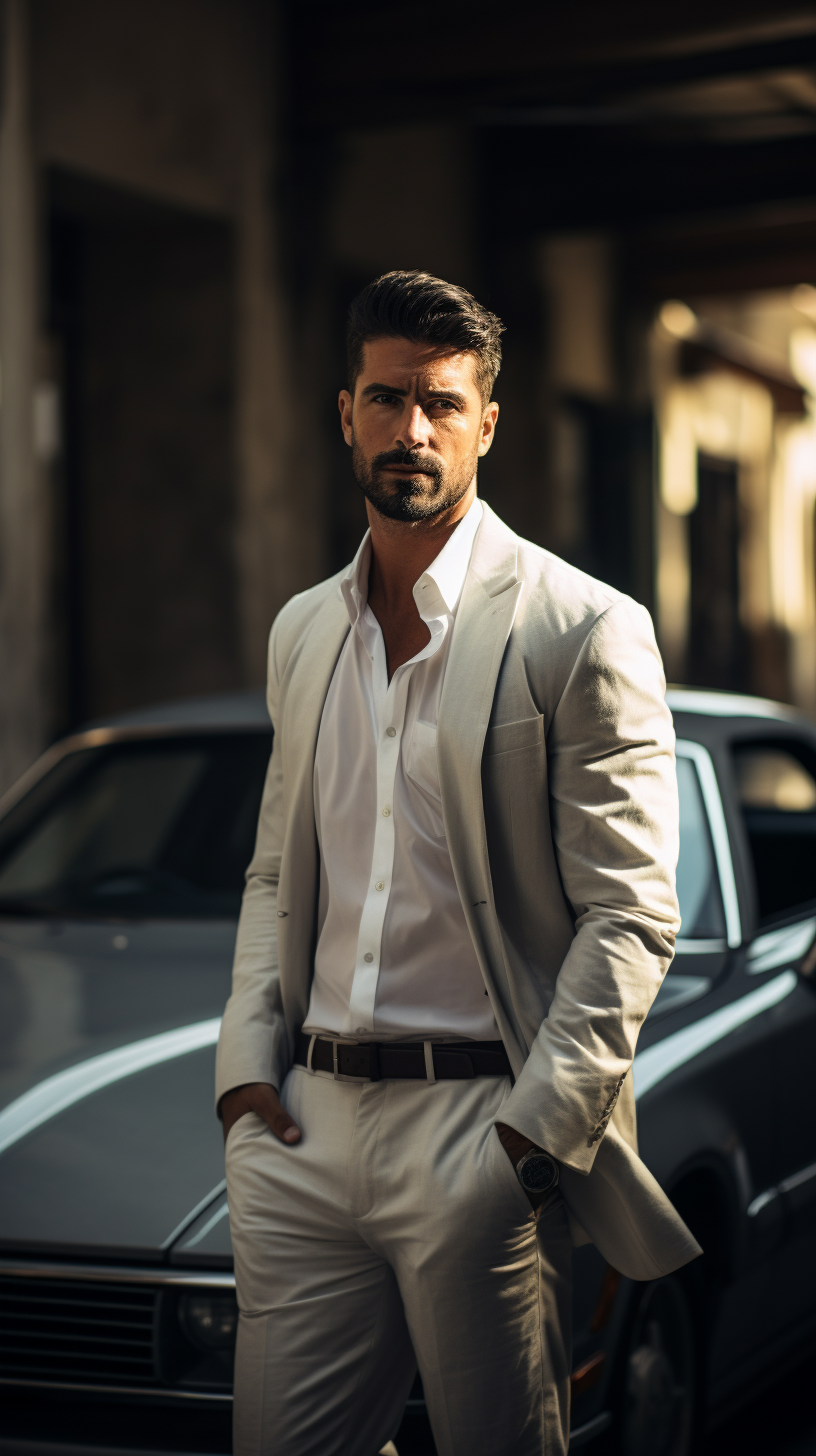 Man in modern attire posing with 1990s car