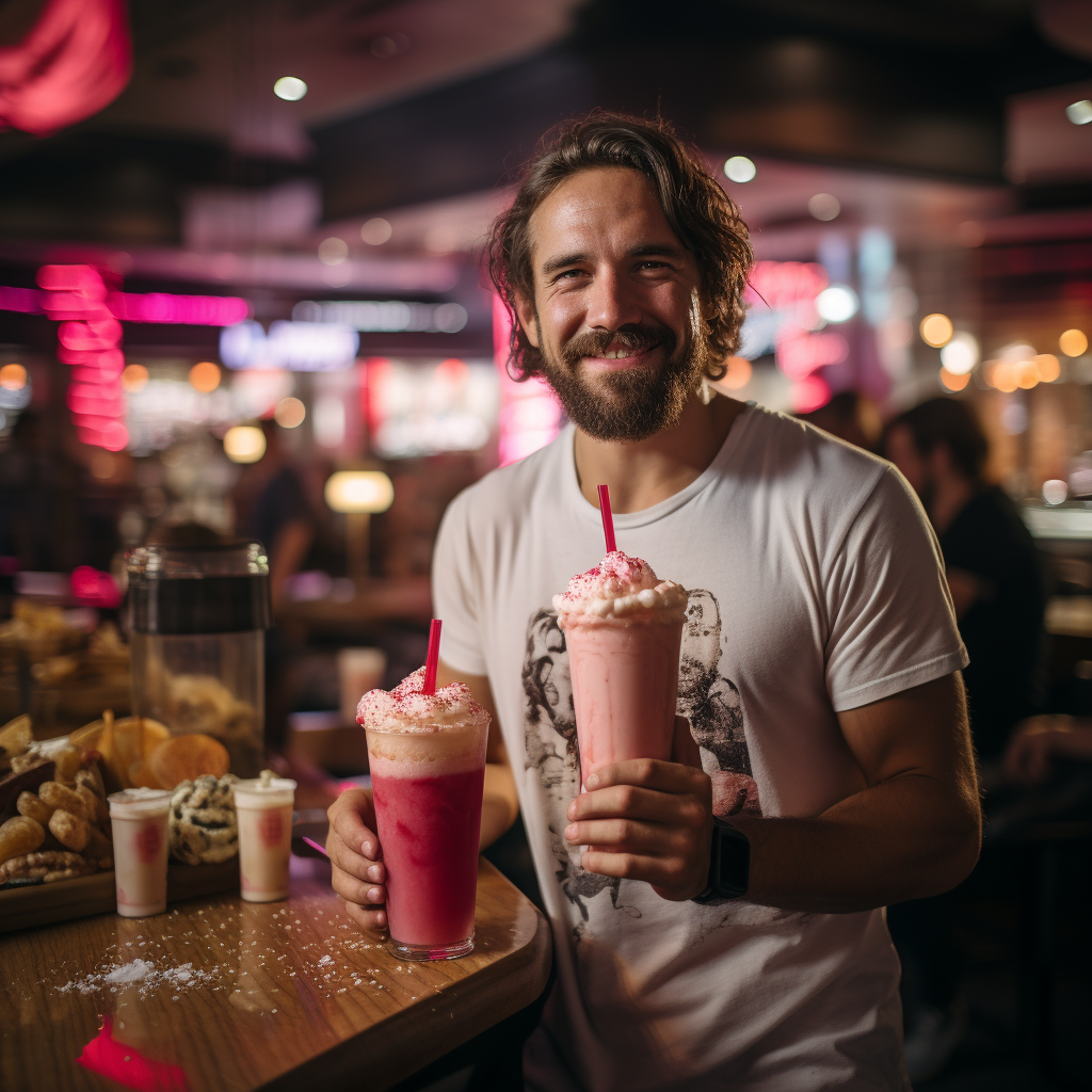 Man on ladder sipping giant milkshake in fast food restaurant