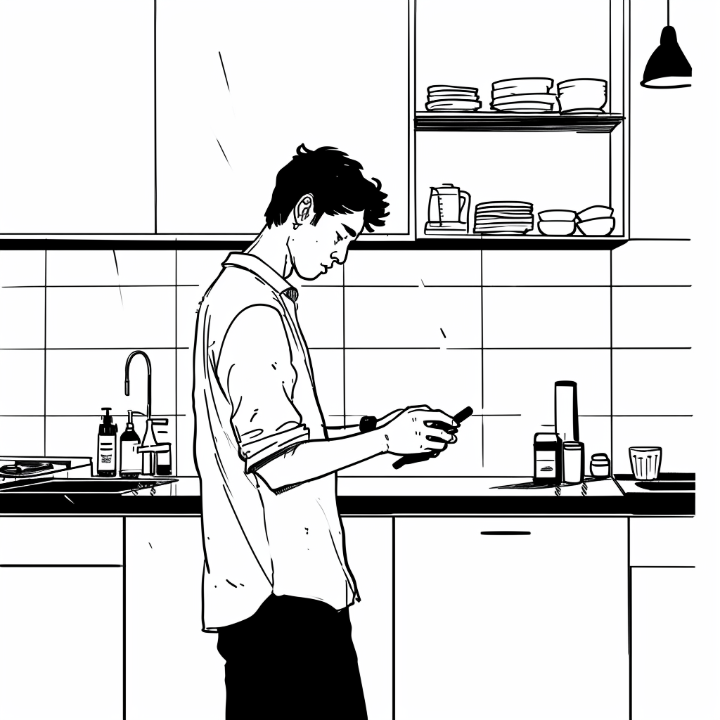 Man in Kitchen Using Phone