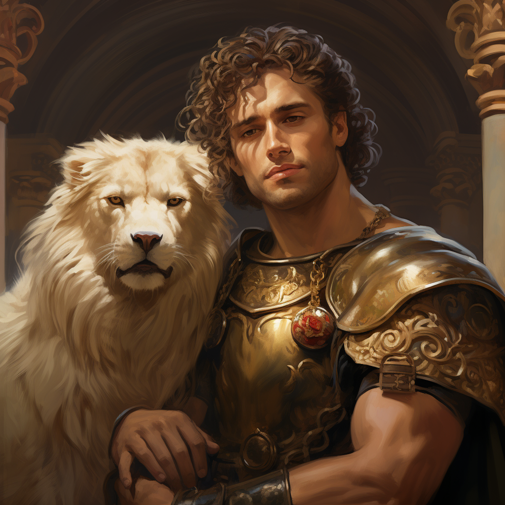 Attractive man with lion pet and Dalmatian in armor