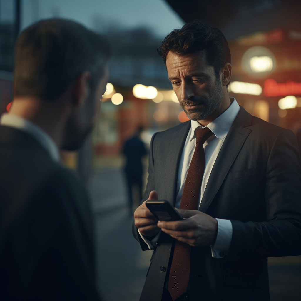 Man looking over businessman's shoulder at phone