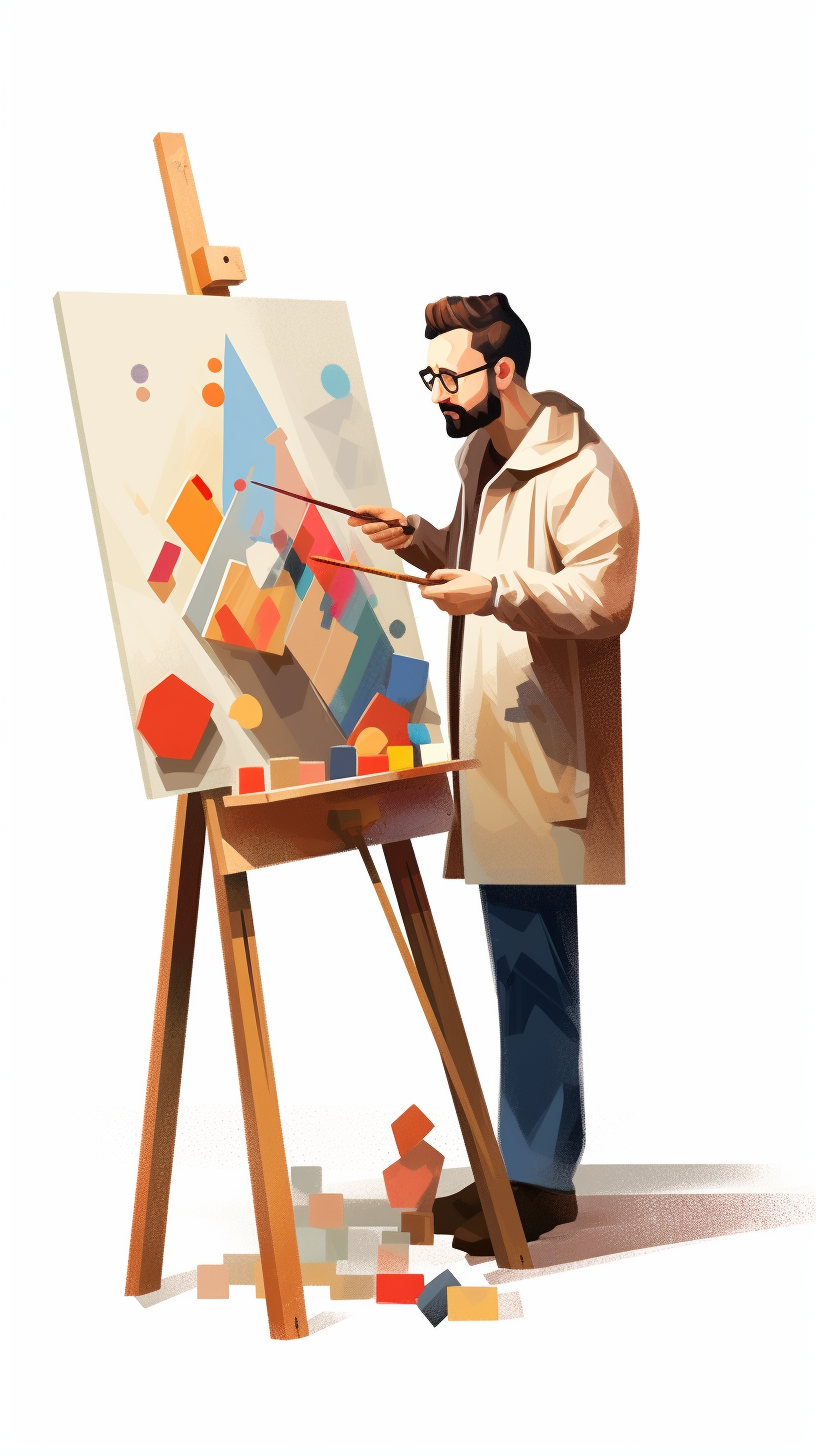 Geometric character design by man painting on easel