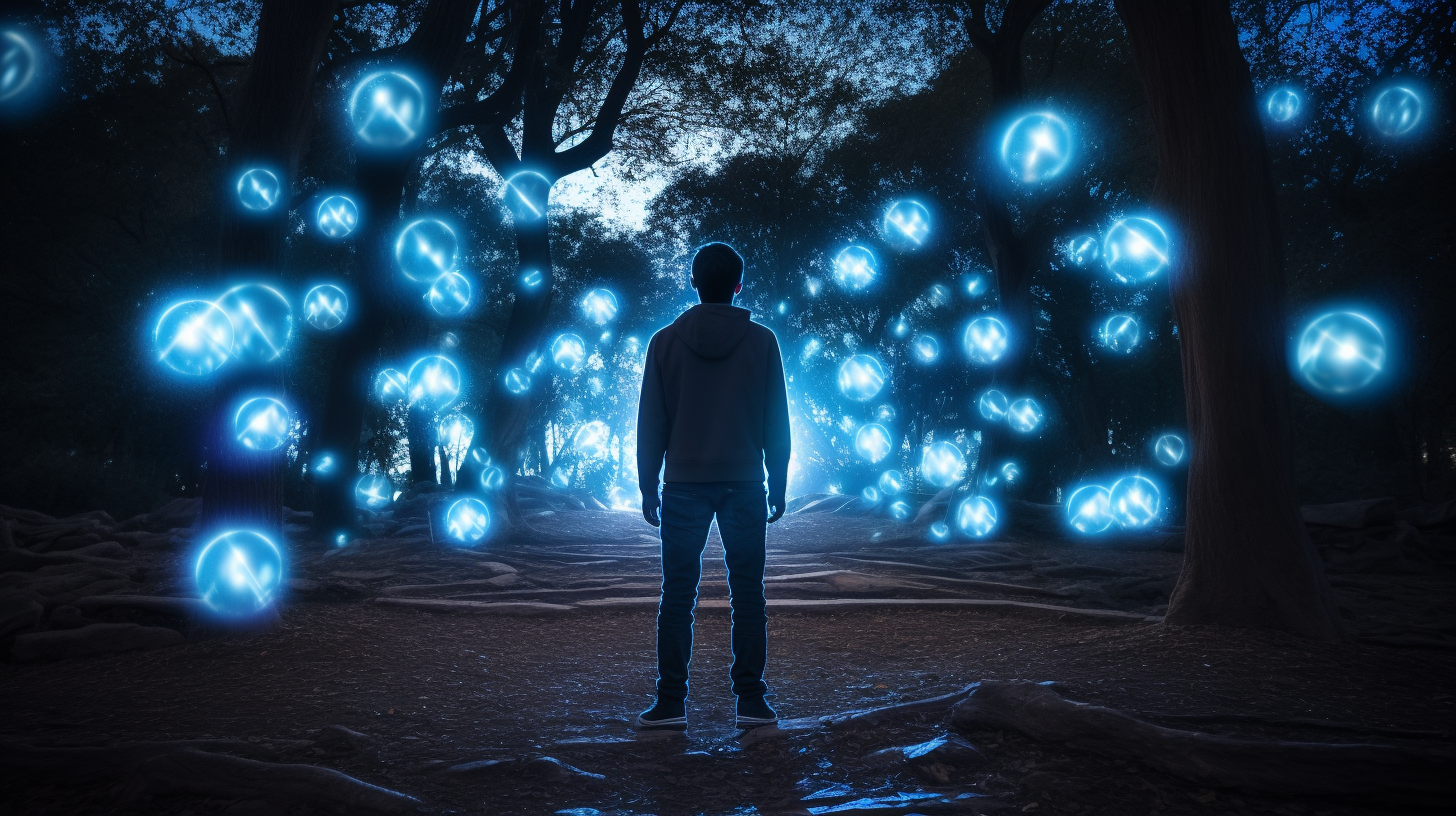 Man Standing in Park with Blue LED Balls Above