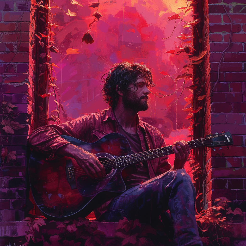 Man playing guitar against red brick building