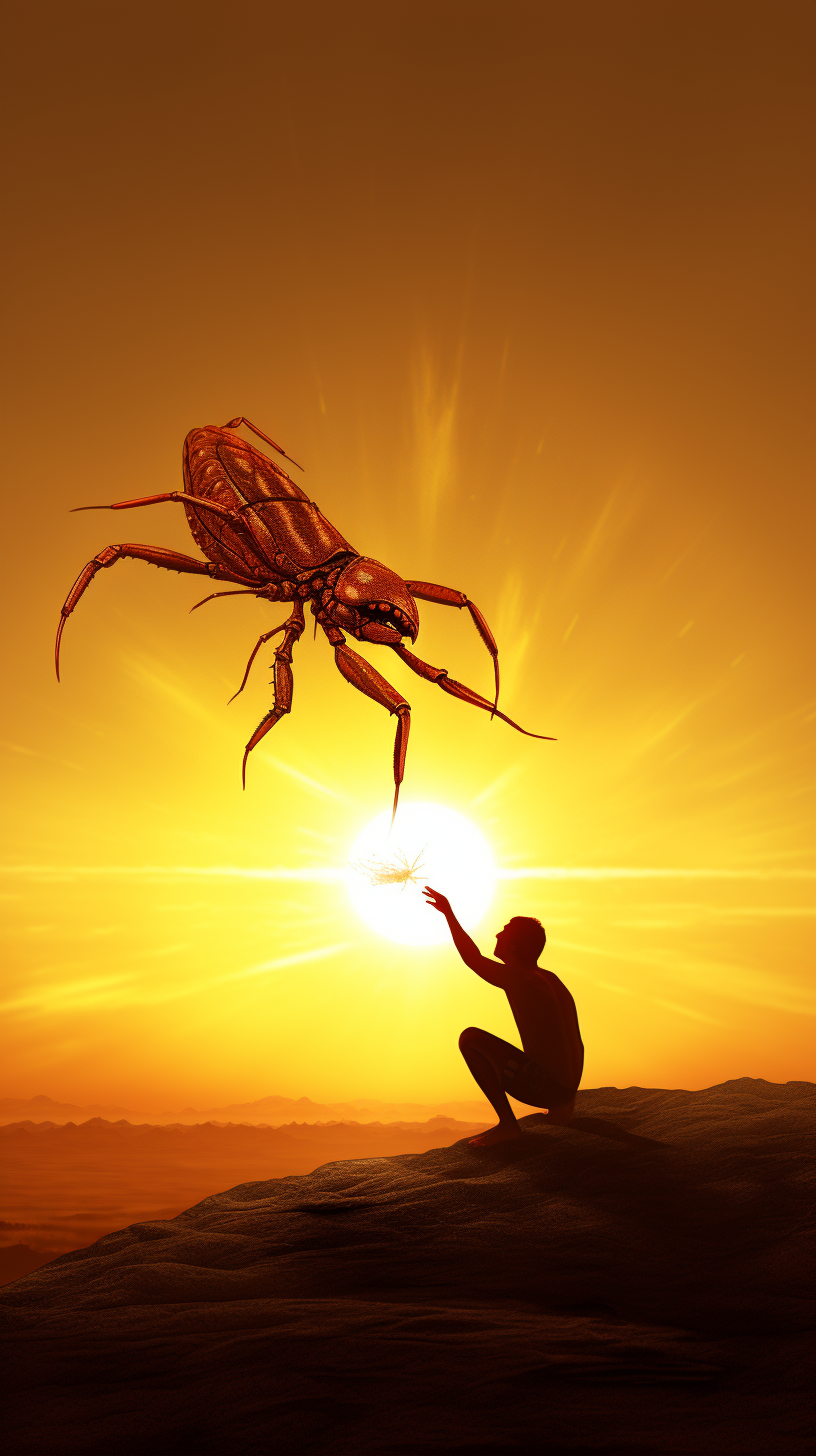 Man with Scorpion Tail Reaching Sun in Nature