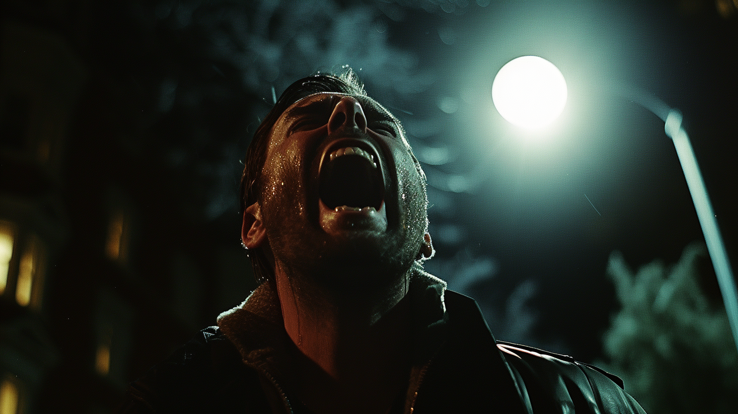 Man Screaming with Anger in Moonlit Night