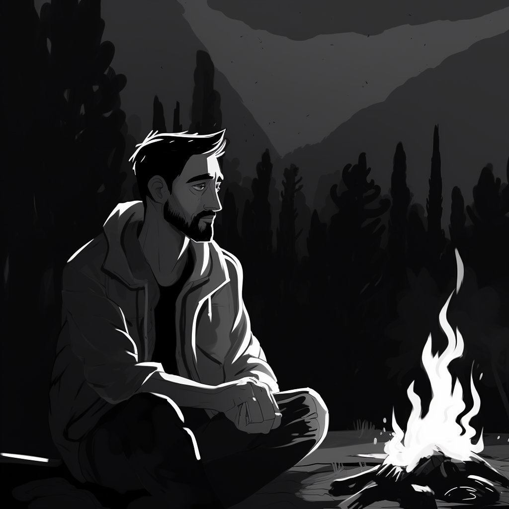 Man sitting at campfire with wood