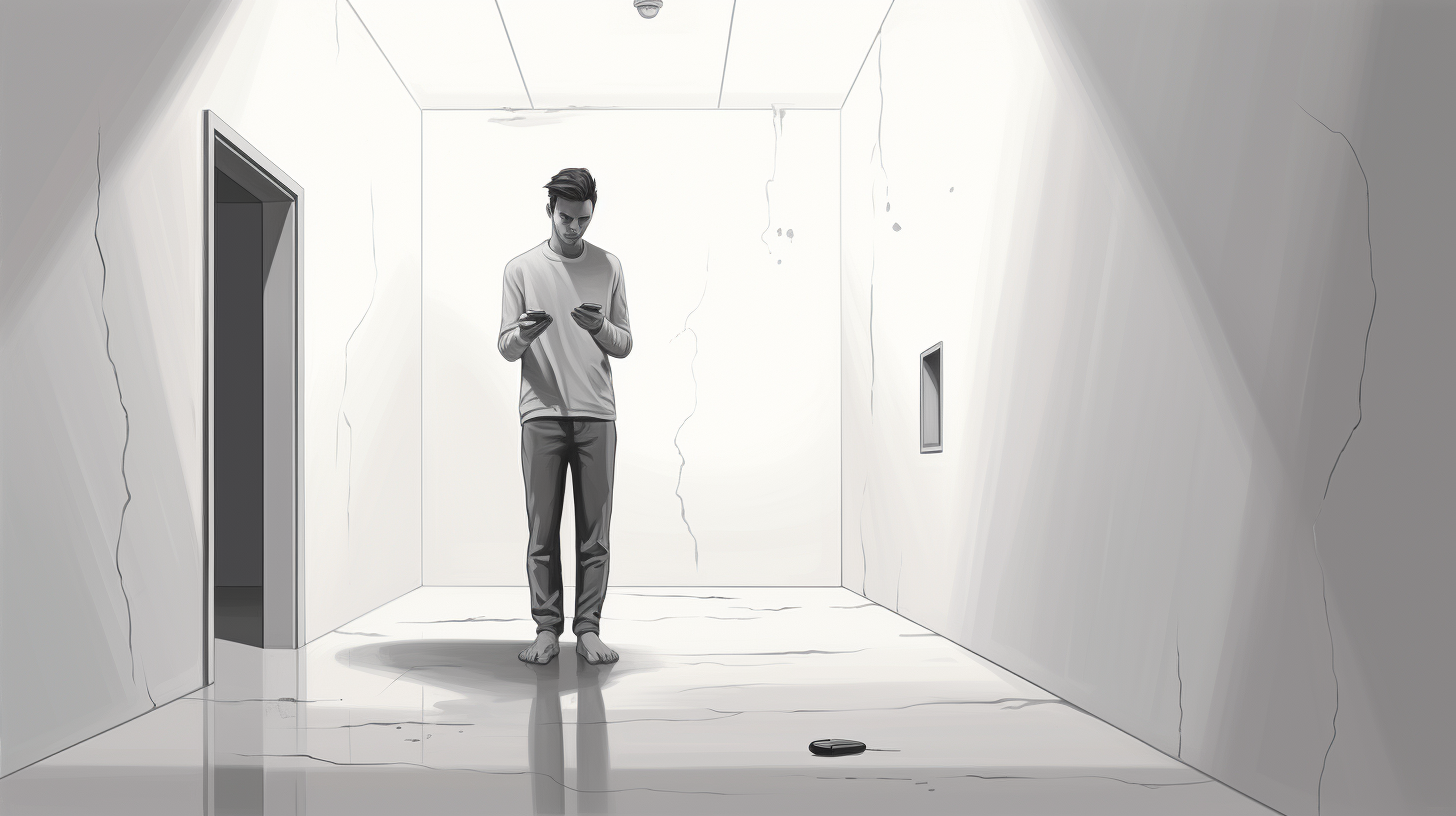 Image of a happy man standing alone in a white room with a broken phone