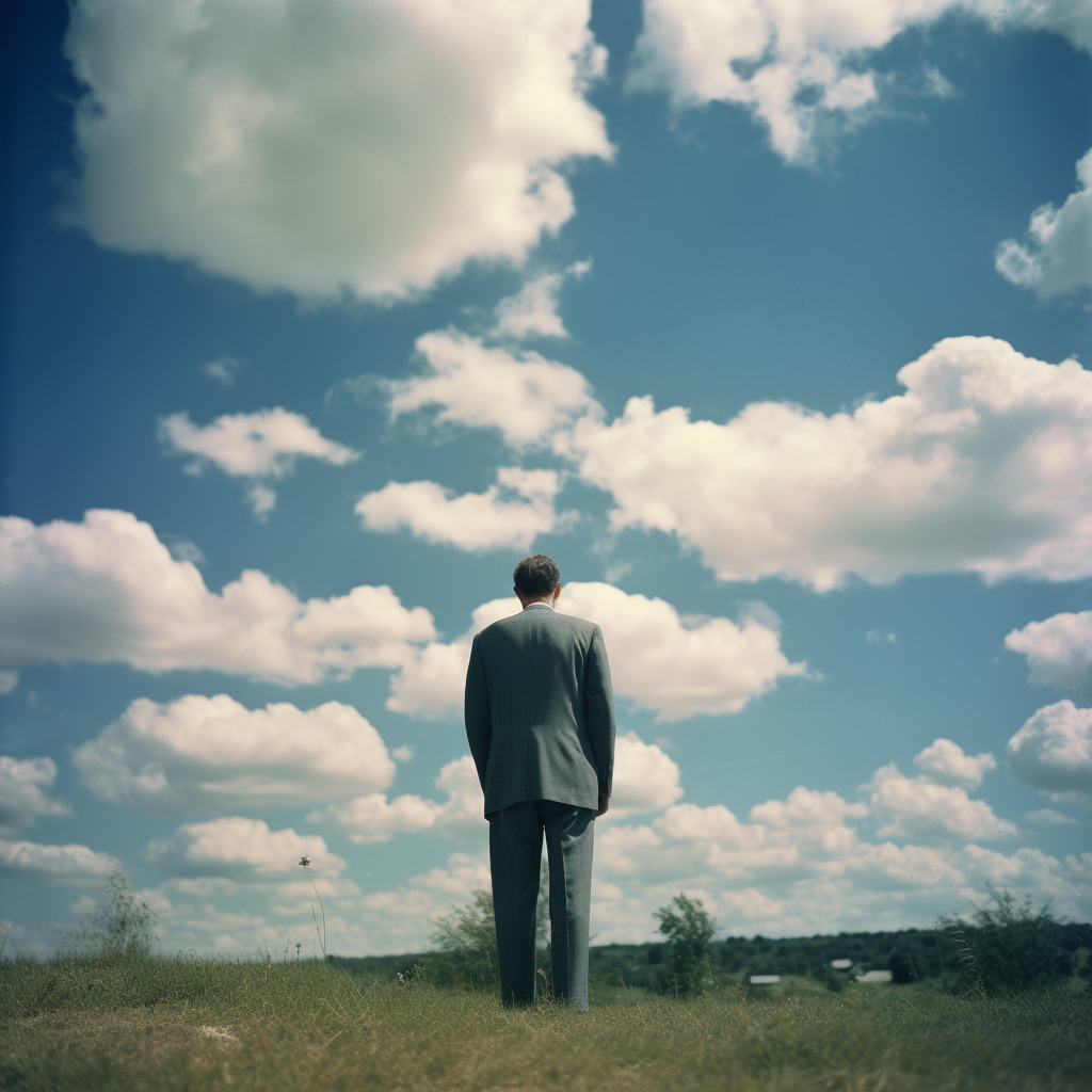 Man falling through blue sky and clouds