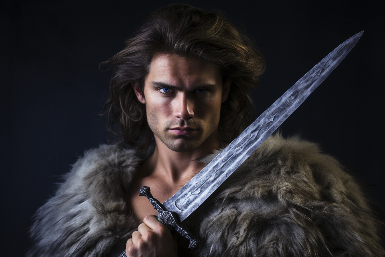 Mythology-inspired man with sword on grey background