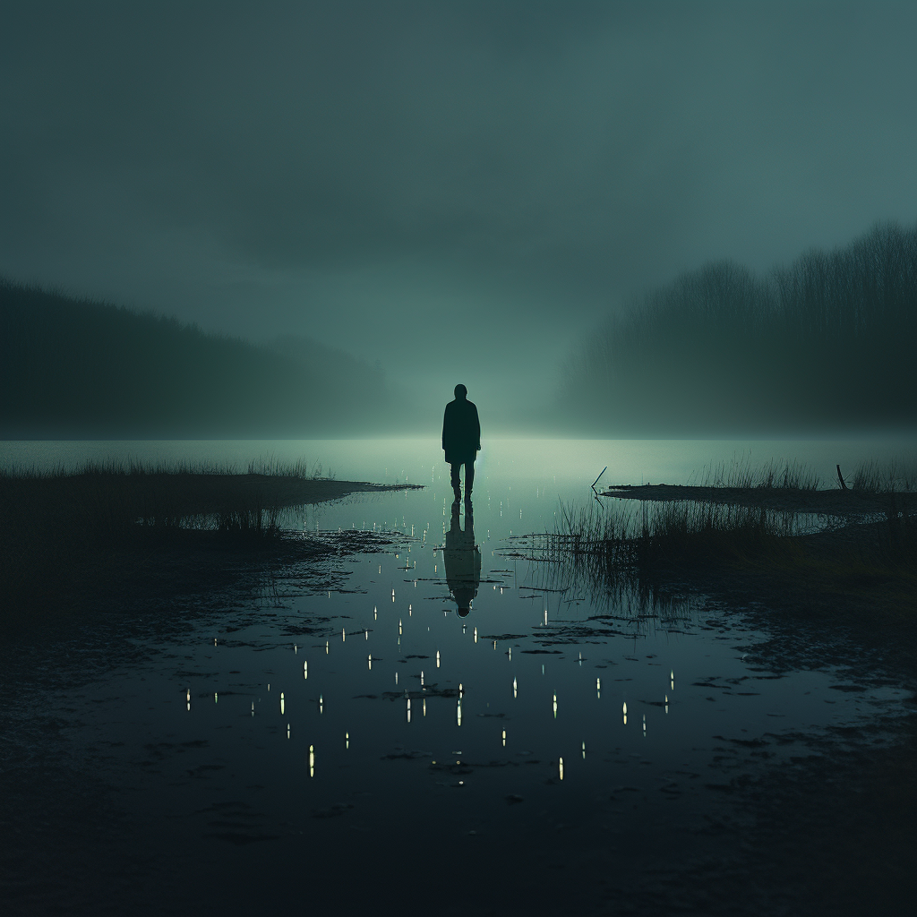 Man Walking in Lake at Night