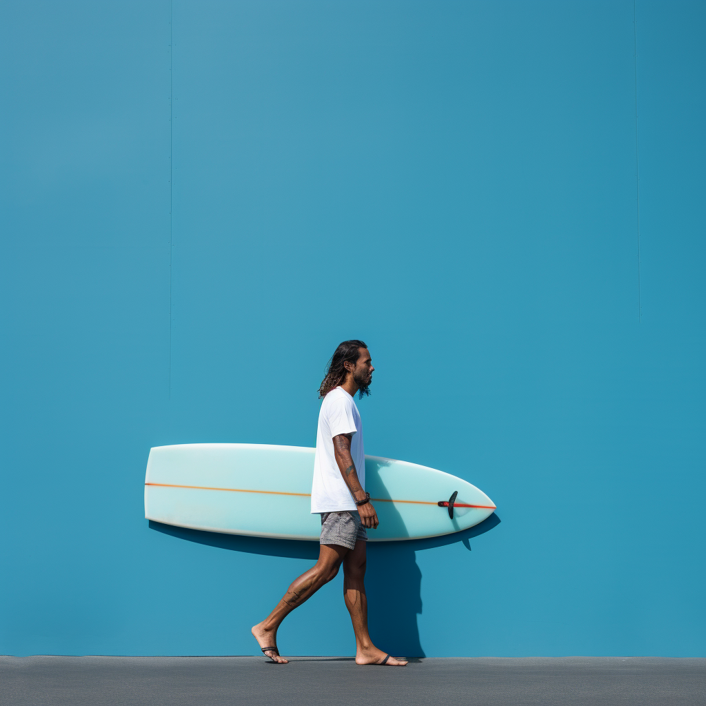 Man walking with surfboard in blue studio