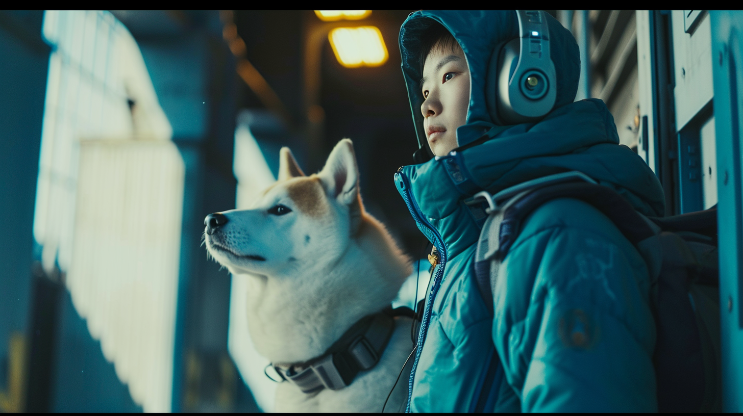 Man and White Shiba Inu in Spaceship