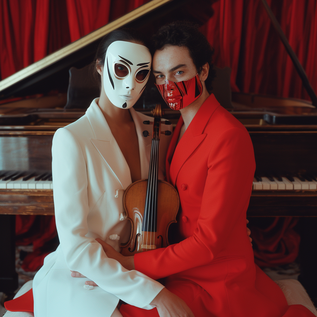 realistic man and woman with symbol mask in studio