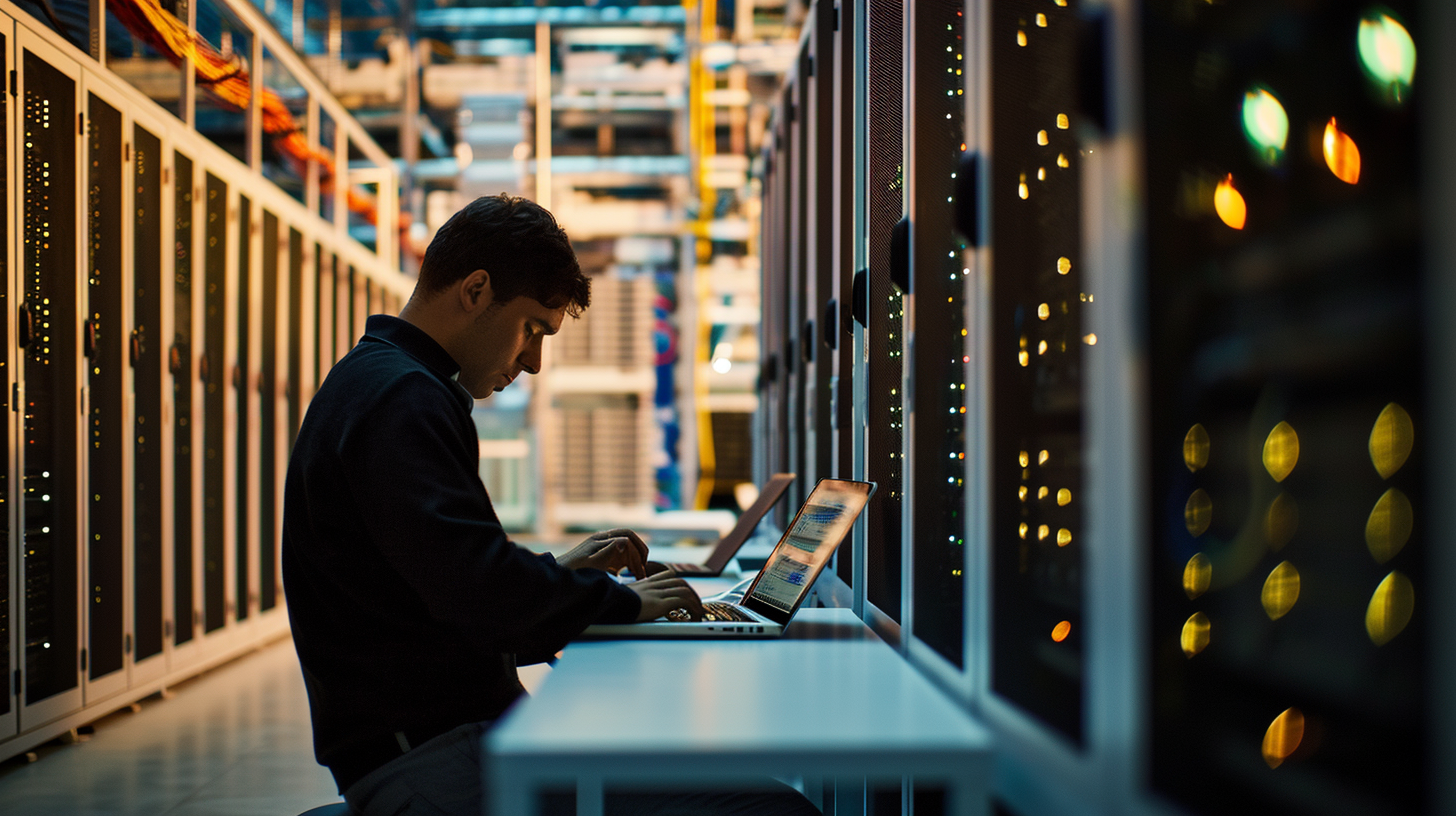 Man working on laptop with server racks background