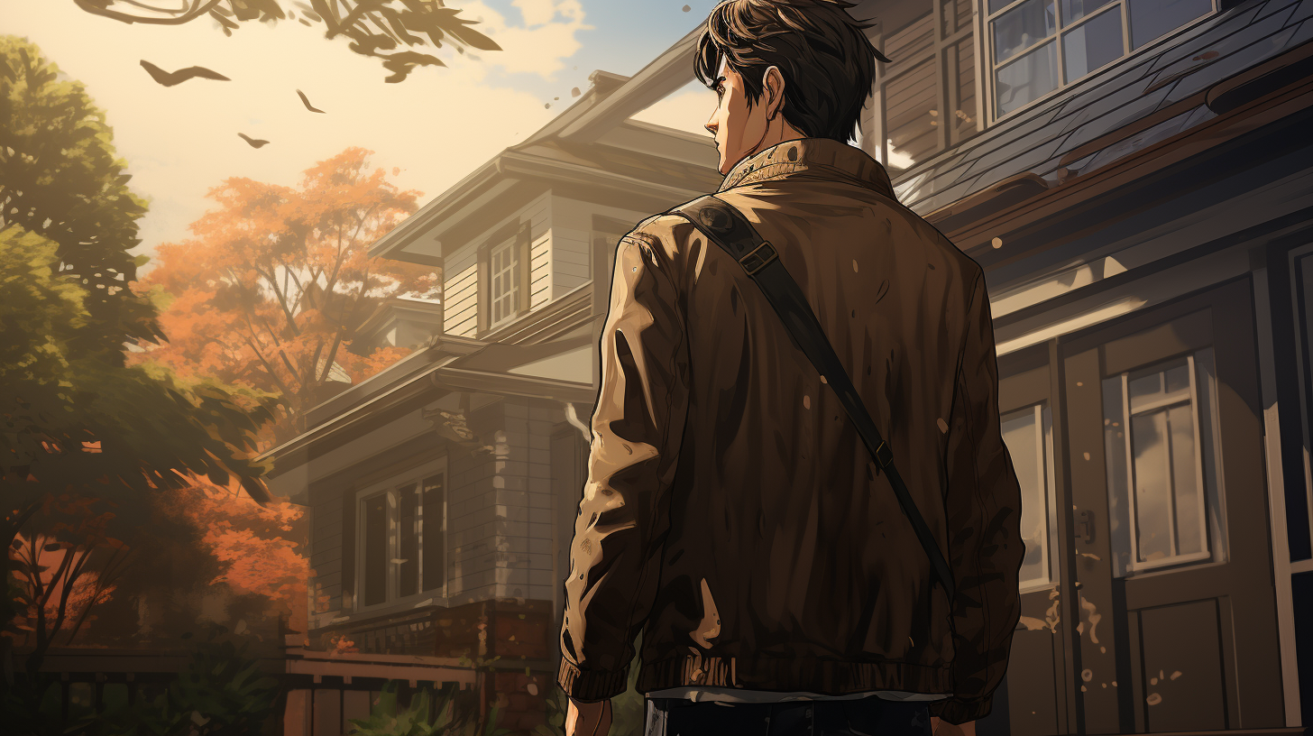 Middle-aged man in brown jacket standing outside house