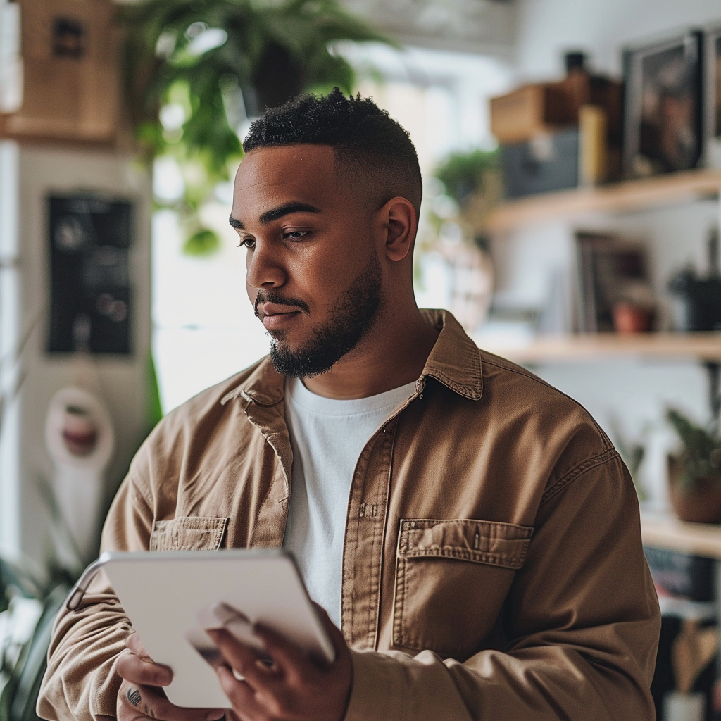 man in photography studio with tablet