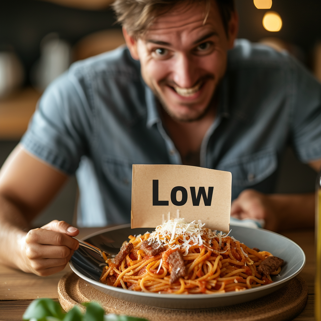 man sitting at dinner table with low carb sign