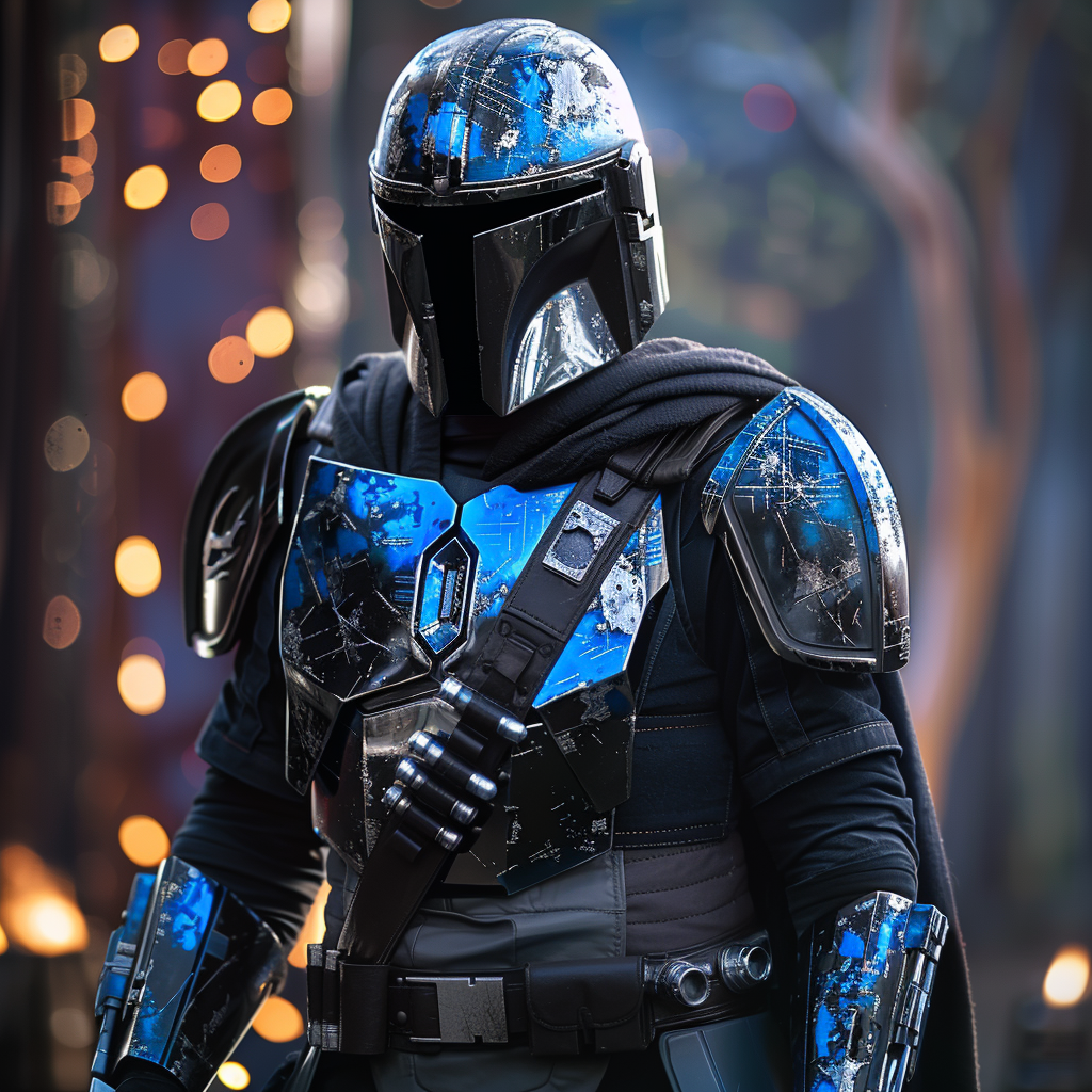 Mandalorian in black silver blue armor