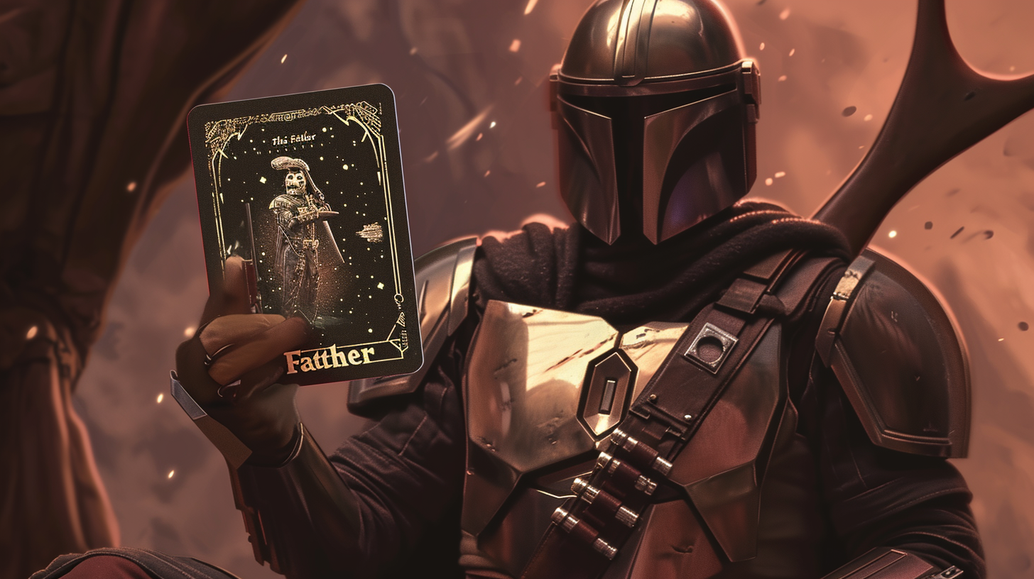 The Mandalorian holding Grogu in Asimov book cover tarot card