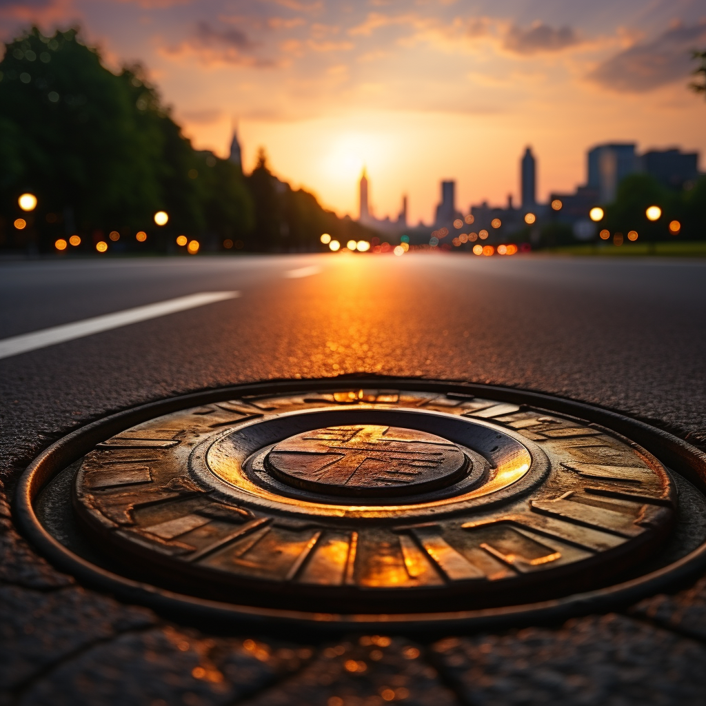 Aerial shot of manhole sewer cap at sunrise