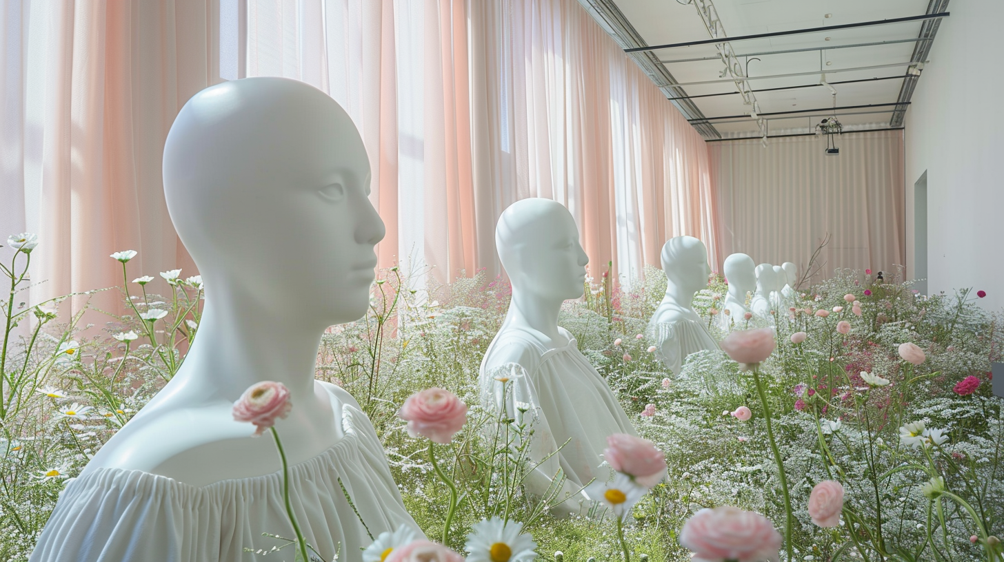 Mannequins in Meadow with Pink Flowers