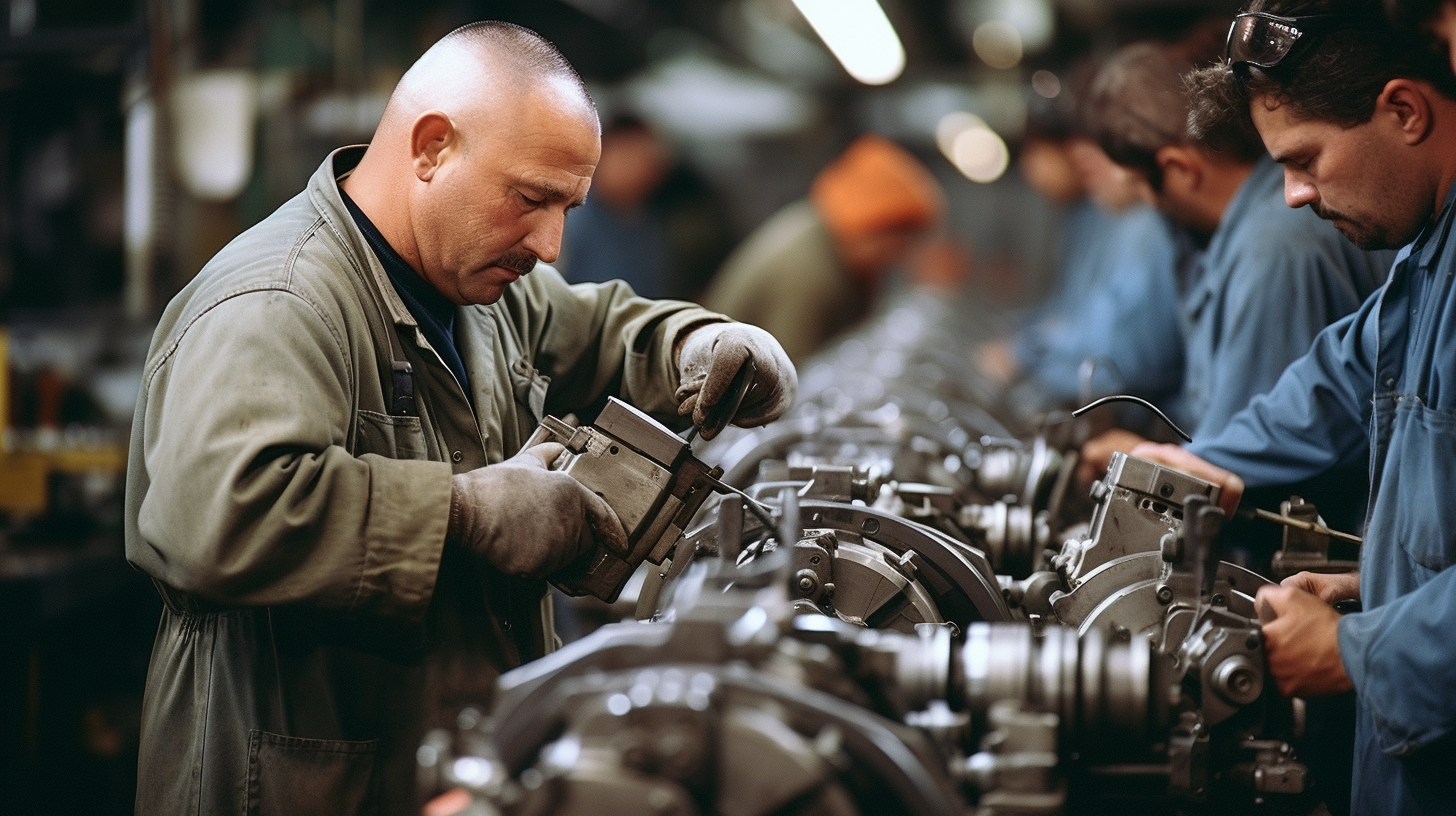 Manufacturing workers using heavy power tools at assembly line
