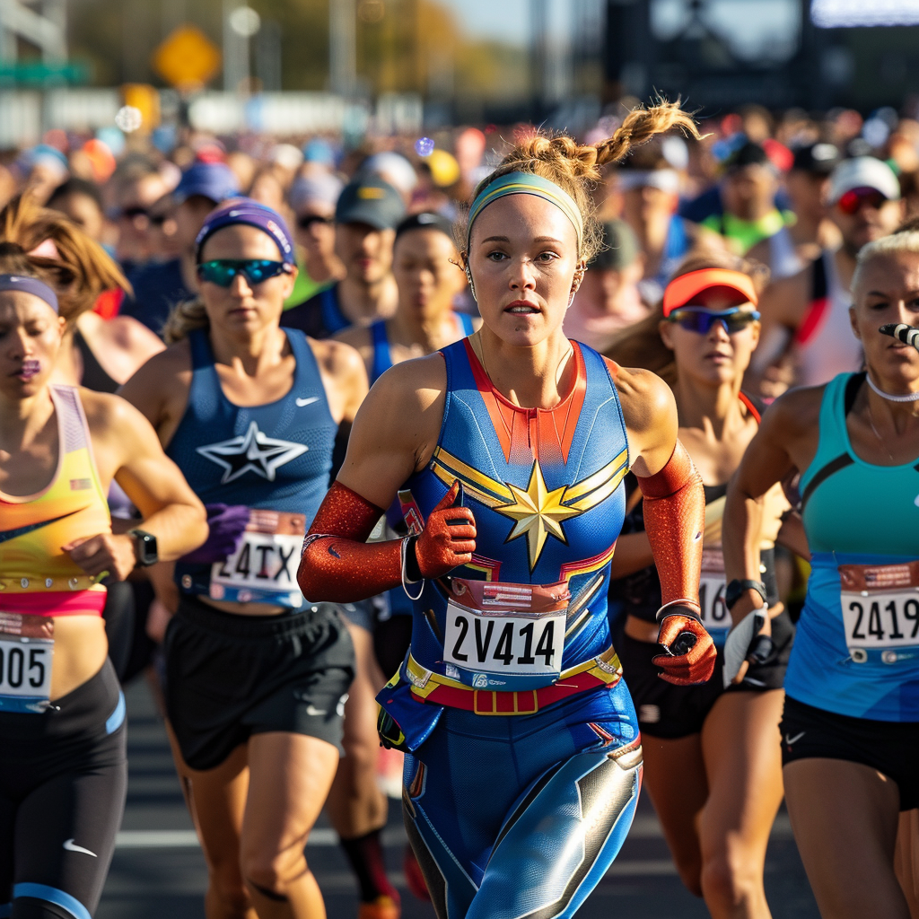 Group of marathon runners with Captain Marvel