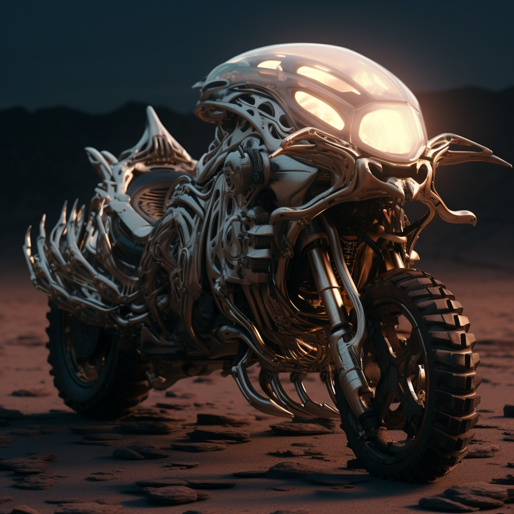 Futuristic motorcycle with xenomorphic headlights