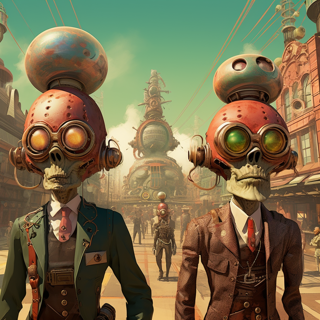 Aliens walking in steampunk Mars city