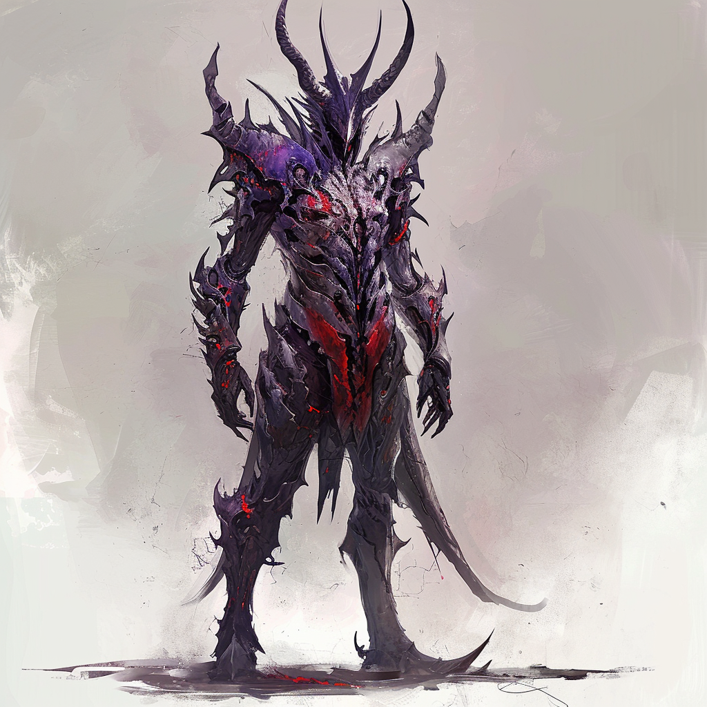 Massive humanoid creature with dark plated skin and silver horns