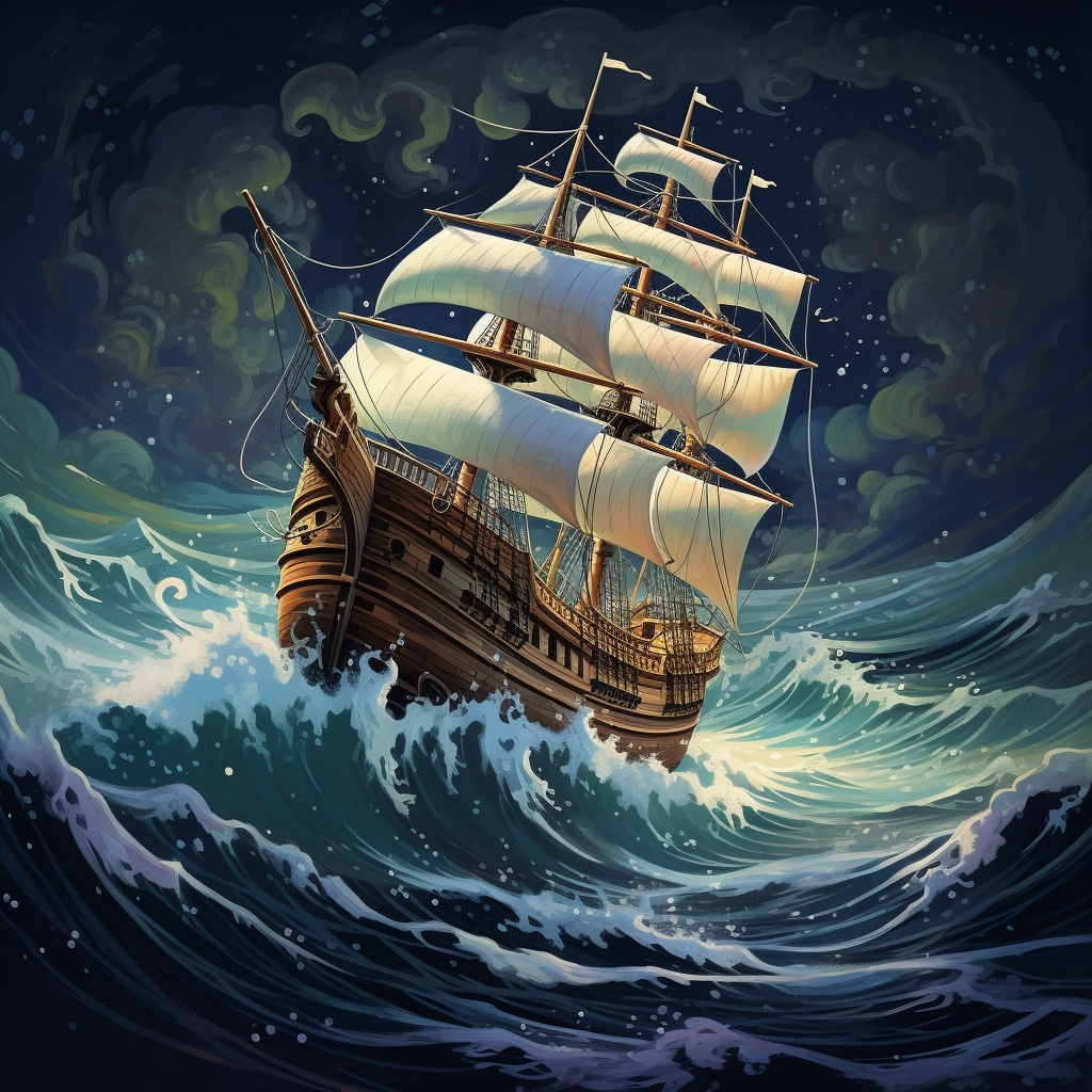 Illustration of Mayflower ship in storm