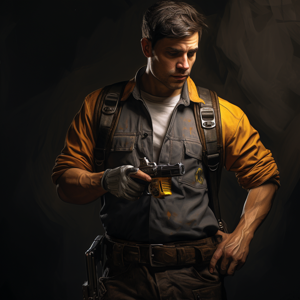 Mechanic Holding Pistol in Grey Dungarees