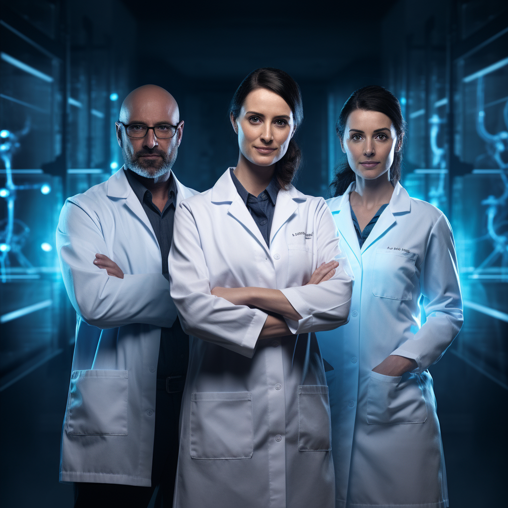 Three medical lab scientists excitedly discussing DNA research