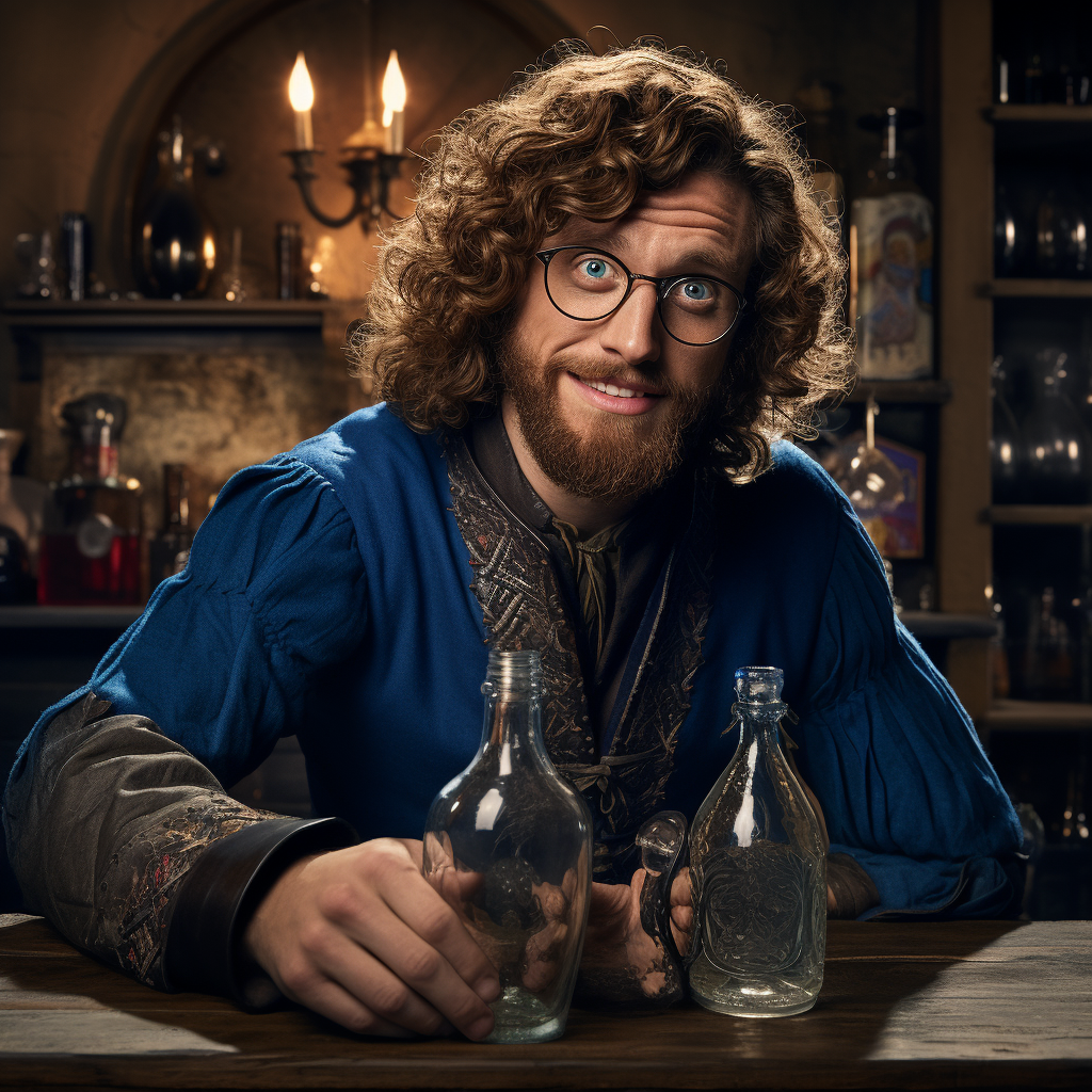 T.J. Miller as medieval bartender with glasses