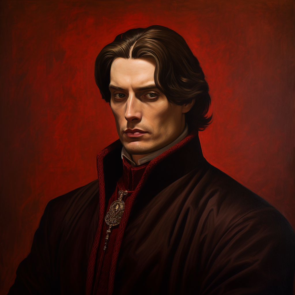 Handsome medieval lord vampire on red background