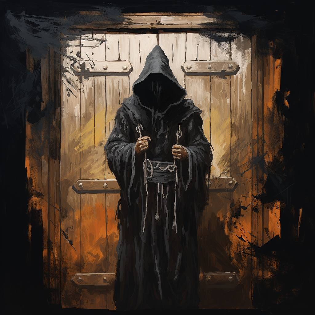 Black hooded man with party hat beside a wooden door