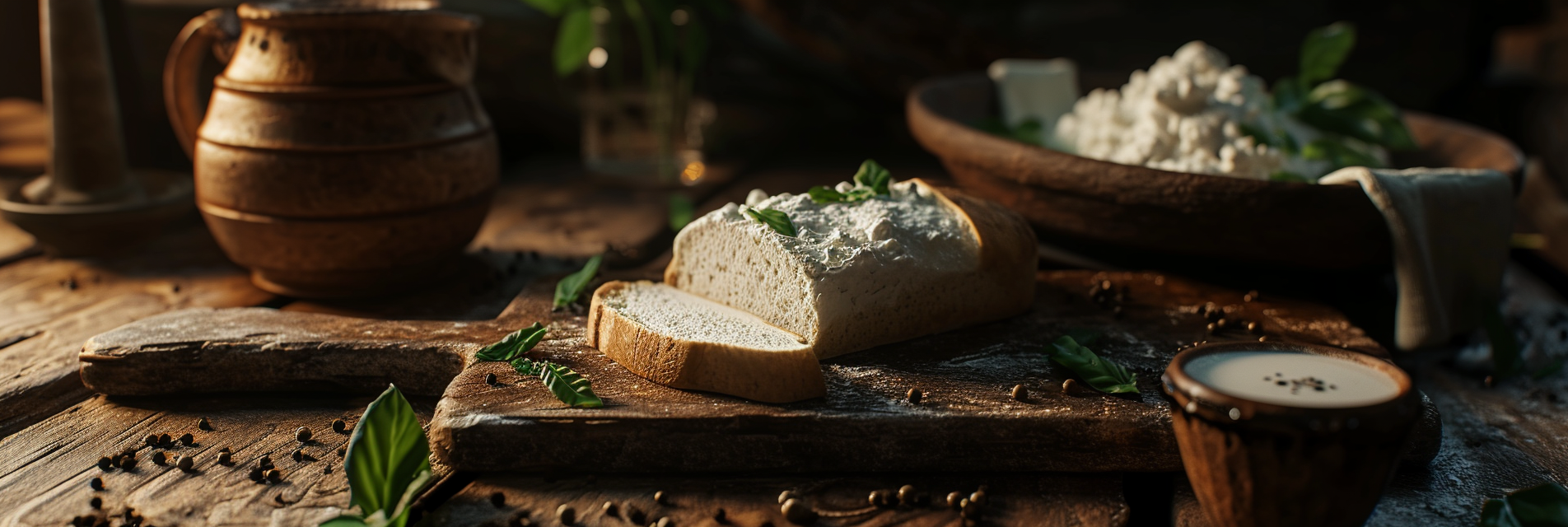 Slice of Medieval Bread with Cottage Cheese and Herbs