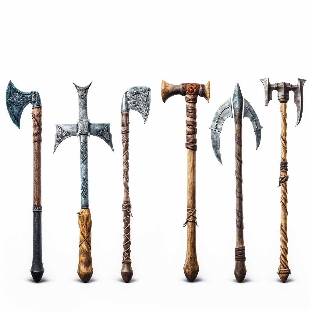 A series of medieval pickaxes on a white background