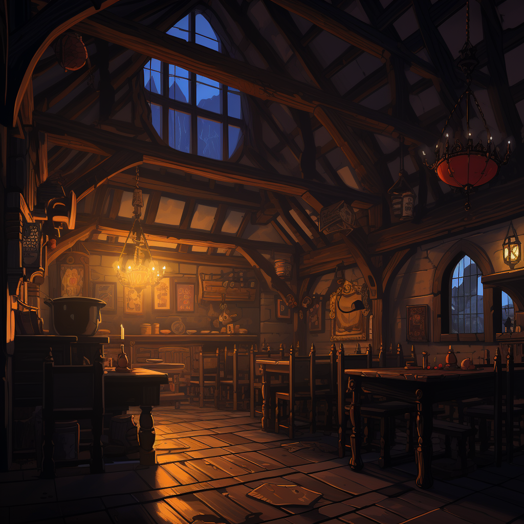 Cartoonish medieval Western inn at night