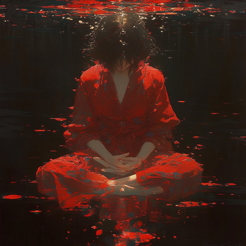 Meditating Chinese Woman in Red Outfit Underwater