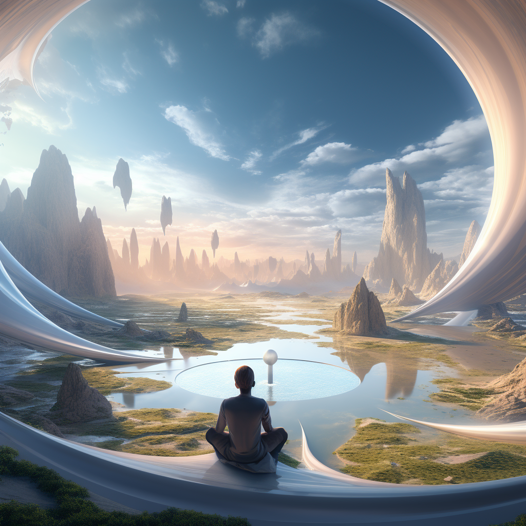 Meditation in futuristic landscape