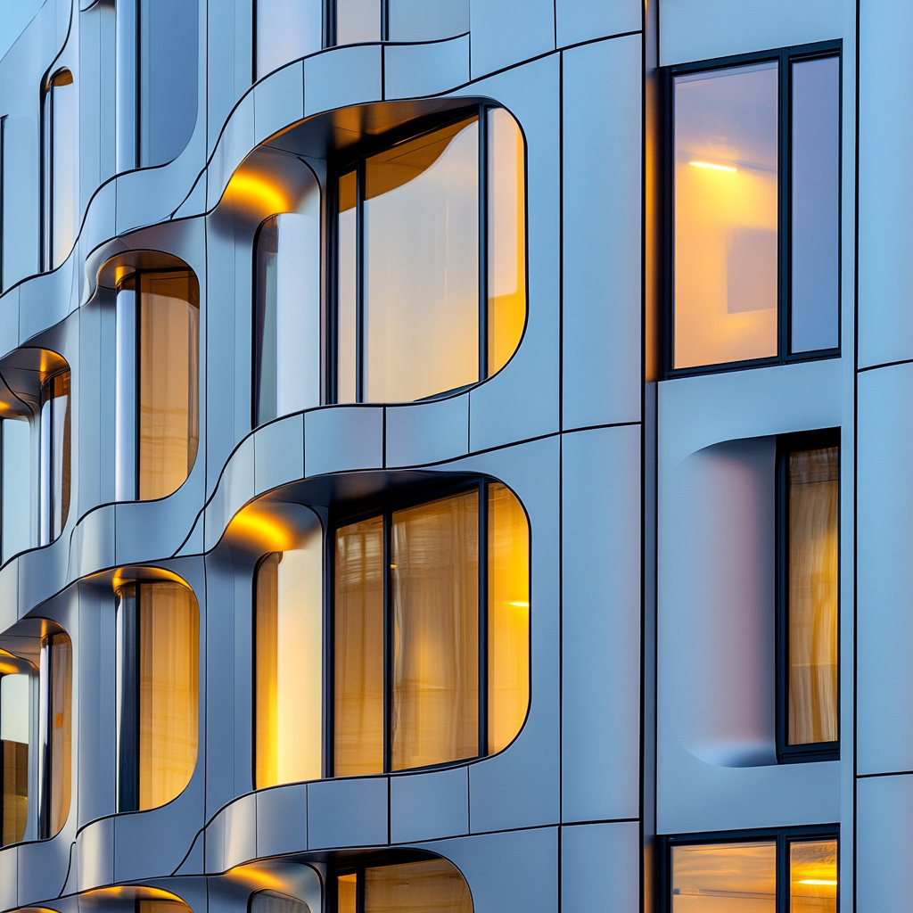 modern urban building with wavy façade design, golden light.