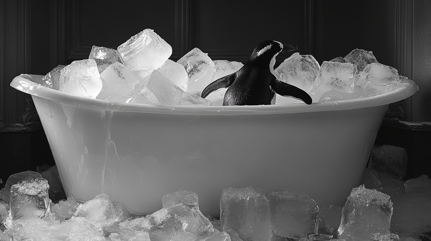 Penguin enjoying ice bath spa