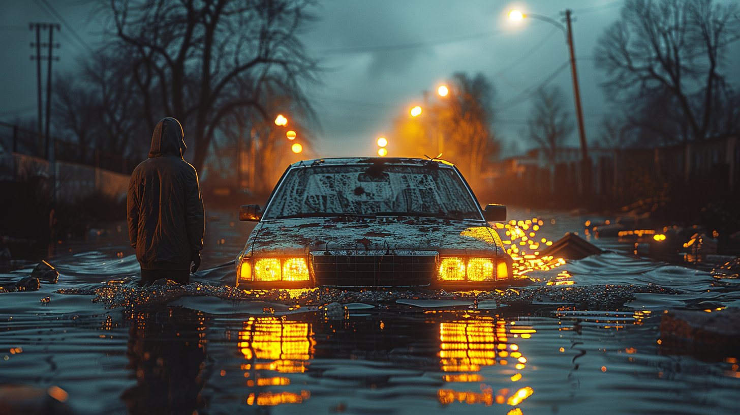 Car sinking in water at night