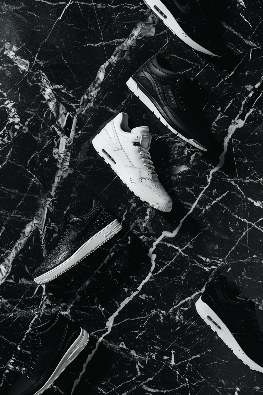 six luxury athletic shoes on black marble display studio