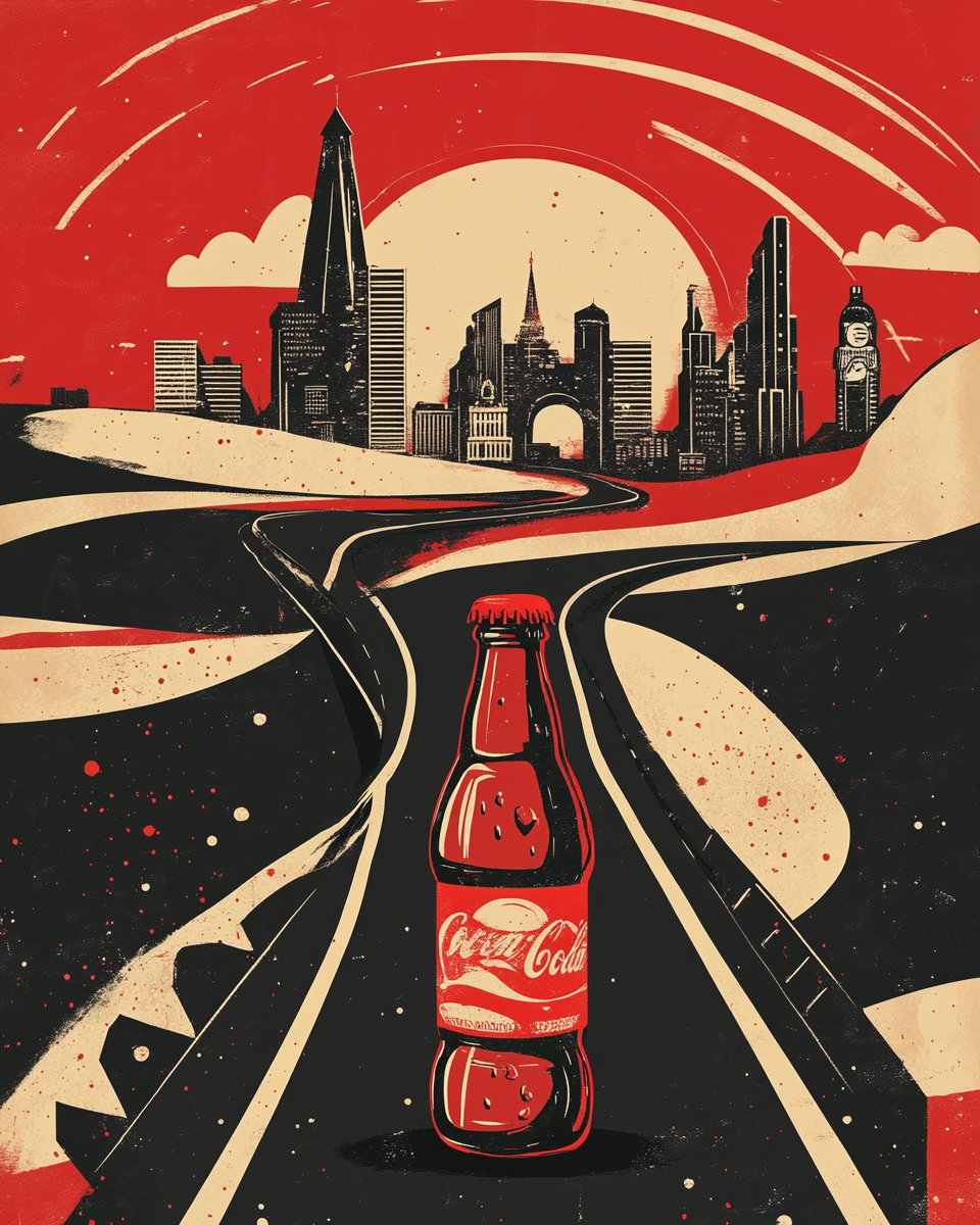 Soda bottle traveling through iconic eras